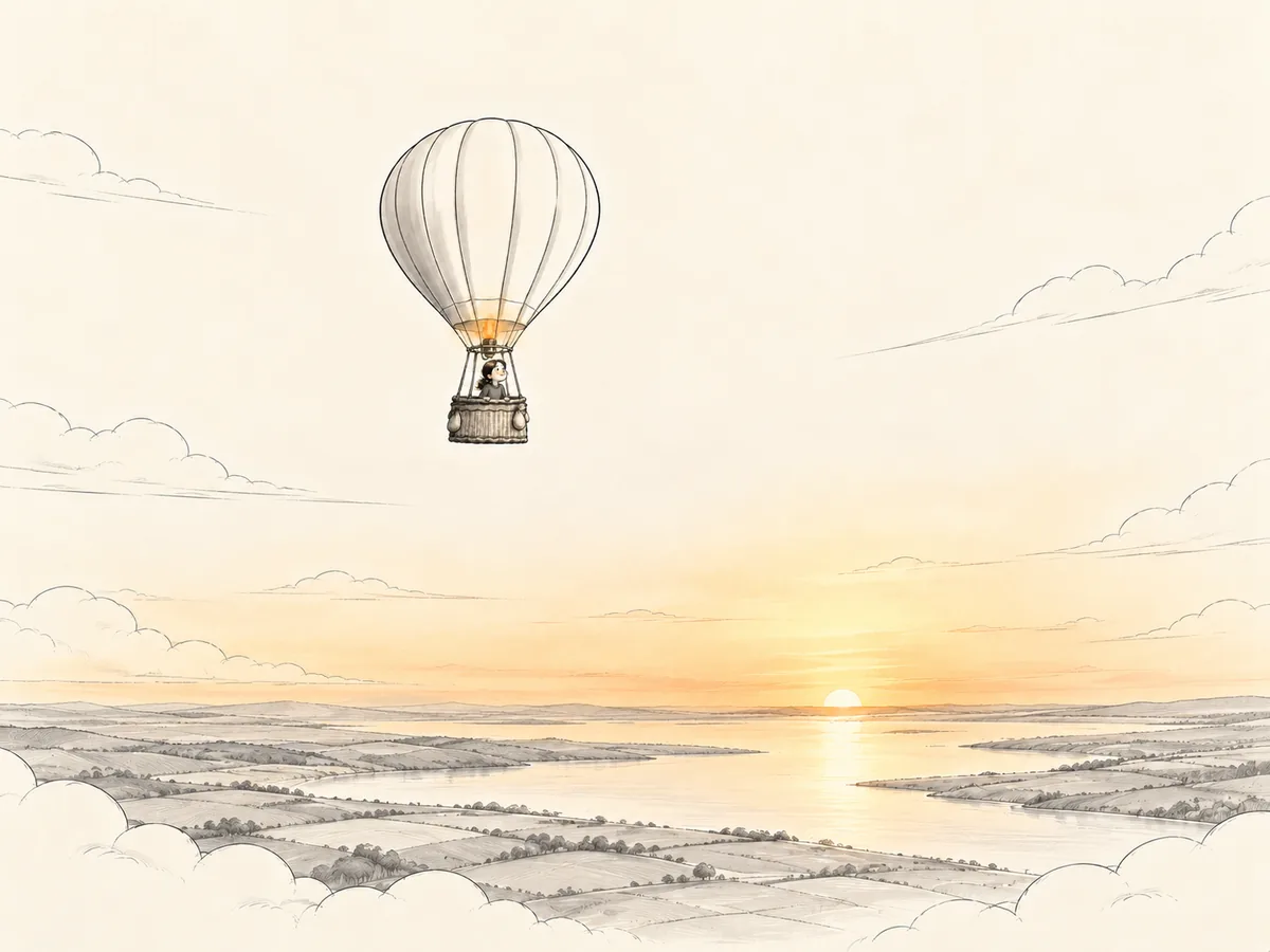 Plano abierto: el globo pequeño en un cielo inmenso sobre el río al atardecer